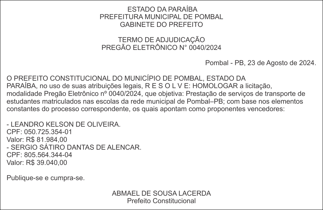 PREFEITURA MUNICIPAL DE POMBAL – TERMO DE ADJUDICAÇÃO – PREGÃO ELETRÔNICO N° 0040/2024