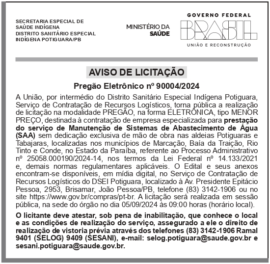 DSEI – PB – POTIGUARA – AVISO DE LICITAÇÃO – PREGÃO ELETRÔNICO No 90004/2024