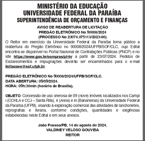UNIVERSIDADE FEDERAL DA PARAIBA – REABERTURA DE LICITAÇÃO – PREGÃO ELETRÔNICO Nº 90008/2024
