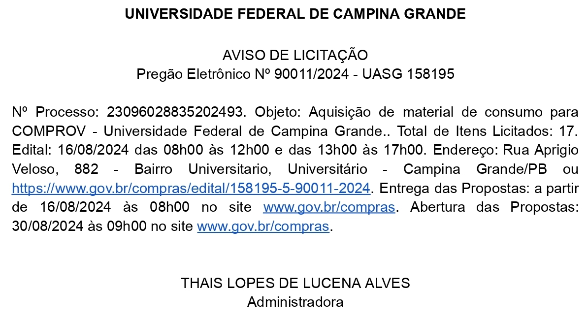 UNIVERSIDADE FEDERAL DE CAMPINA GRANDE – AVISO DE LICITAÇÃO – Pregão Eletrônico Nº 90011/2024 – UASG 158195