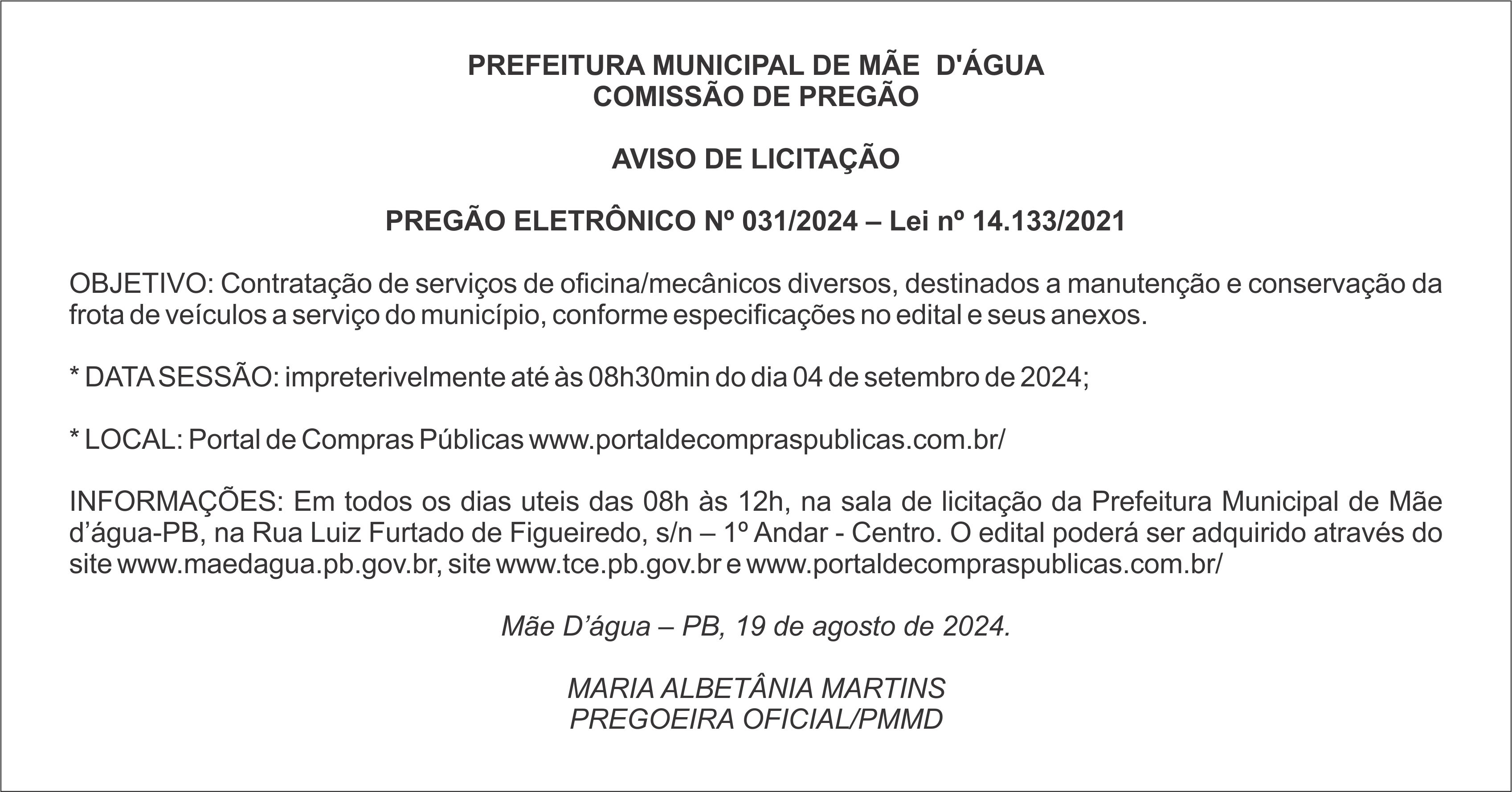 PREFEITURA DE MÃE  D’ÁGUA – AVISO DE LICITAÇÃO – PREGÃO ELETRÔNICO Nº 031/2024