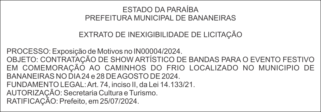 PREFEITURA MUNICIPAL DE BANANEIRAS – EXTRATO DE INEXIGIBILIDADE DE LICITAÇÃO – PROCESSO: nº IN00004/2024
