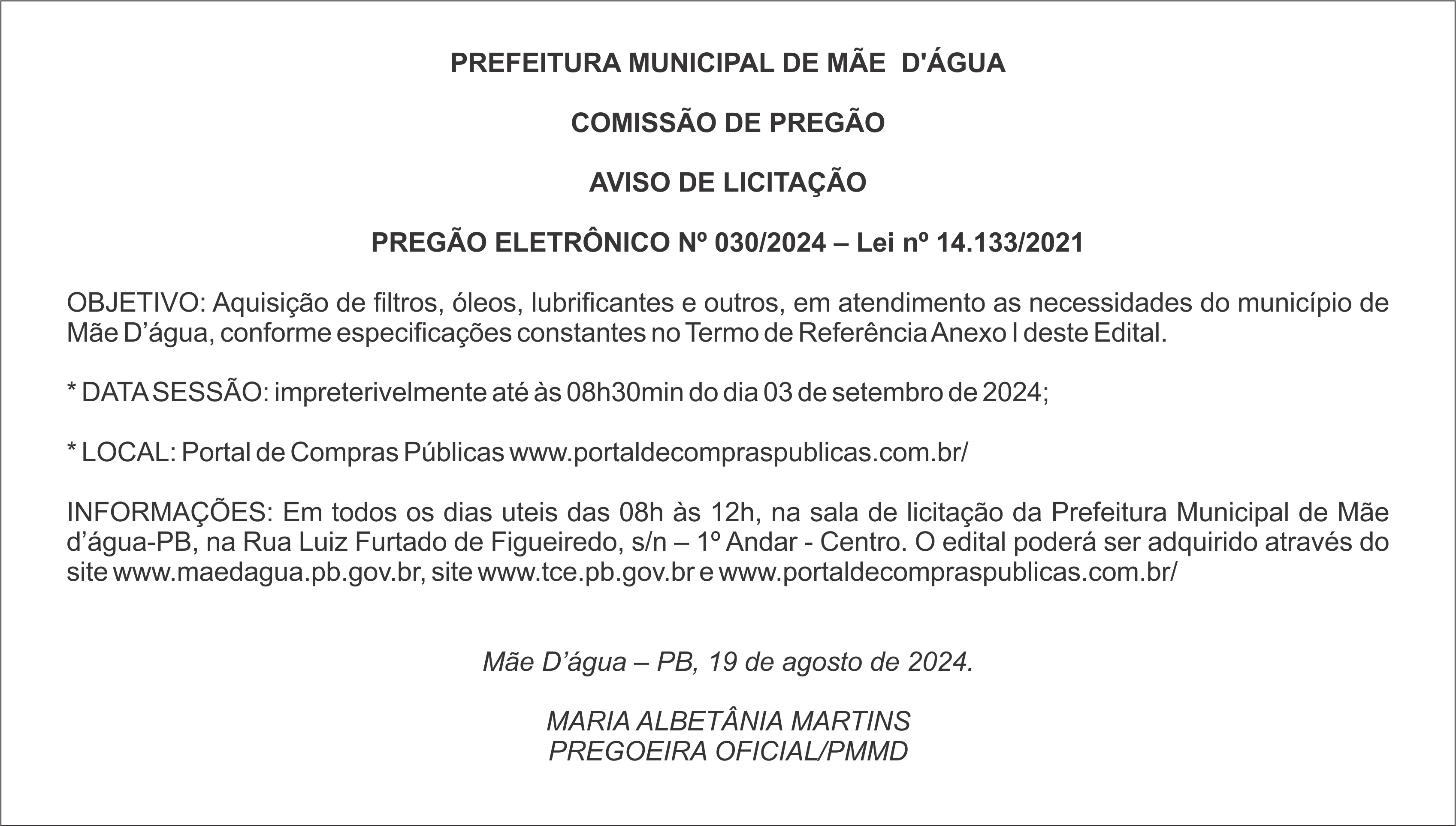 PREFEITURA DE MÃE  D’ÁGUA – AVISO DE LICITAÇÃO – PREGÃO ELETRÔNICO Nº 030/2024