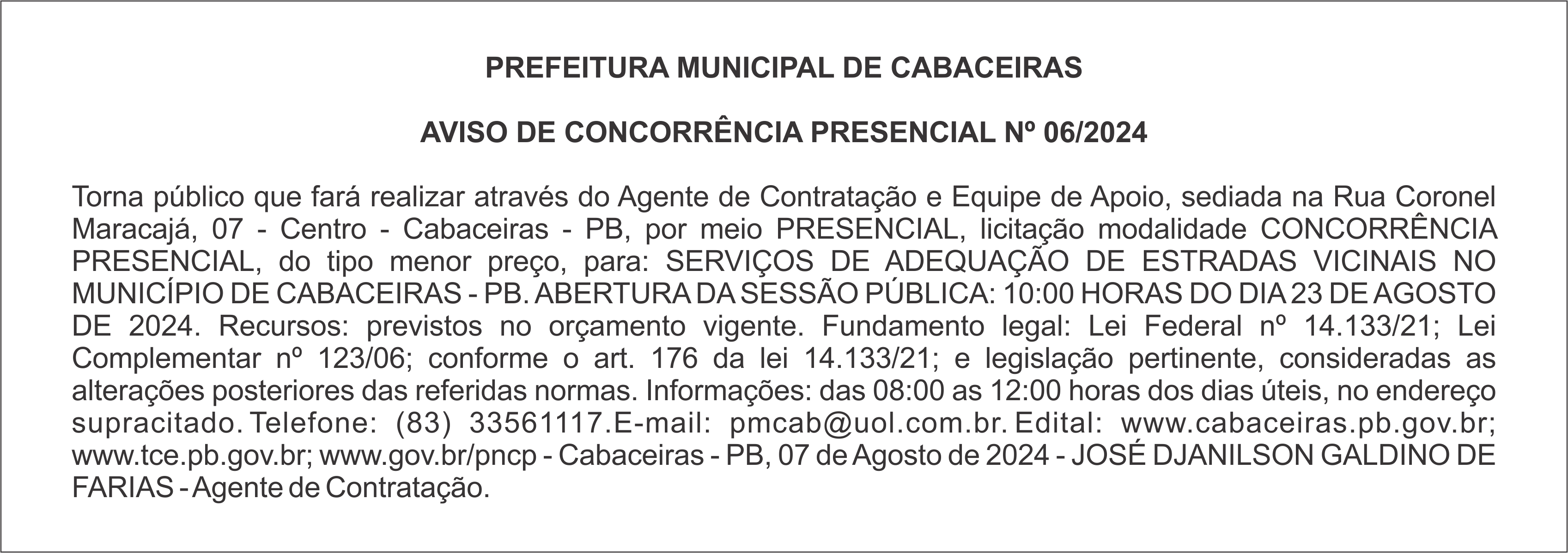 PREFEITURA MUNICIPAL DE CABACEIRAS – AVISO DE CONCORRÊNCIA PRESENCIAL Nº 06/2024