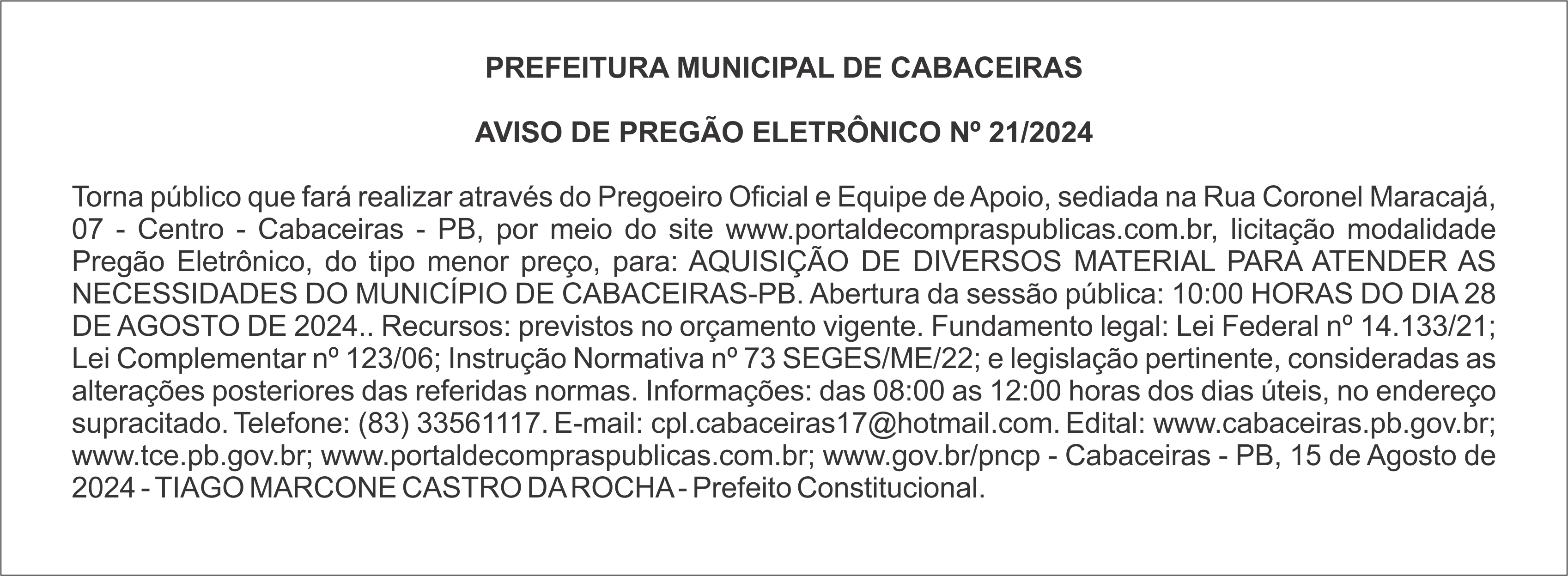 PREFEITURA MUNICIPAL DE CABACEIRAS – AVISO DE PREGÃO ELETRÔNICO Nº 21/2024