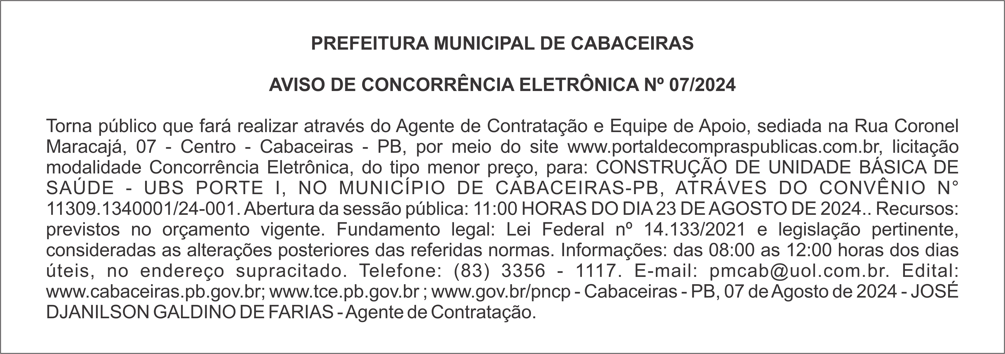 PREFEITURA MUNICIPAL DE CABACEIRAS – AVISO DE CONCORRÊNCIA ELETRÔNICA Nº 07/2024
