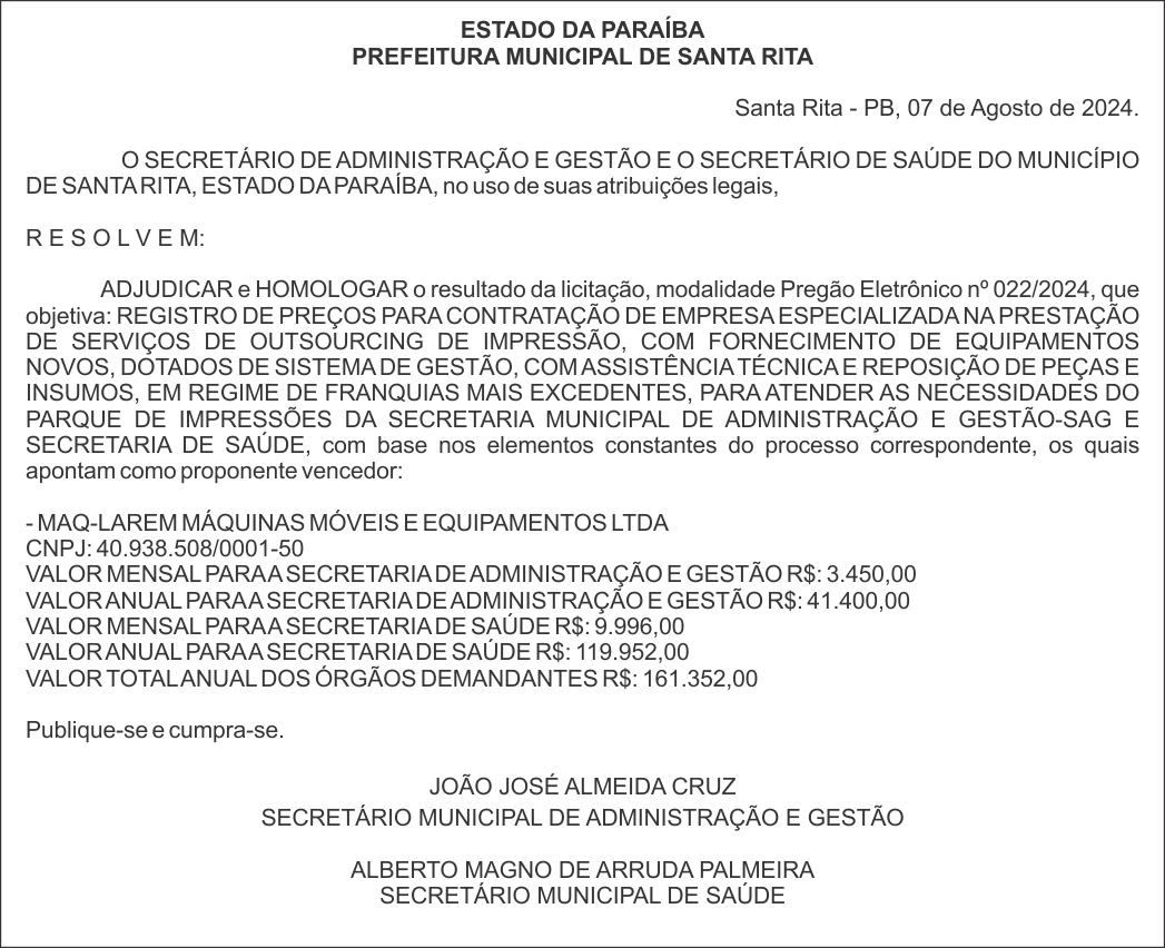 PREFEITURA MUNICIPAL DE SANTA RITA –  ADJUDICAÇÃO E HOMOLOGAÇÃO- Pregão Eletrônico nº 022/2024