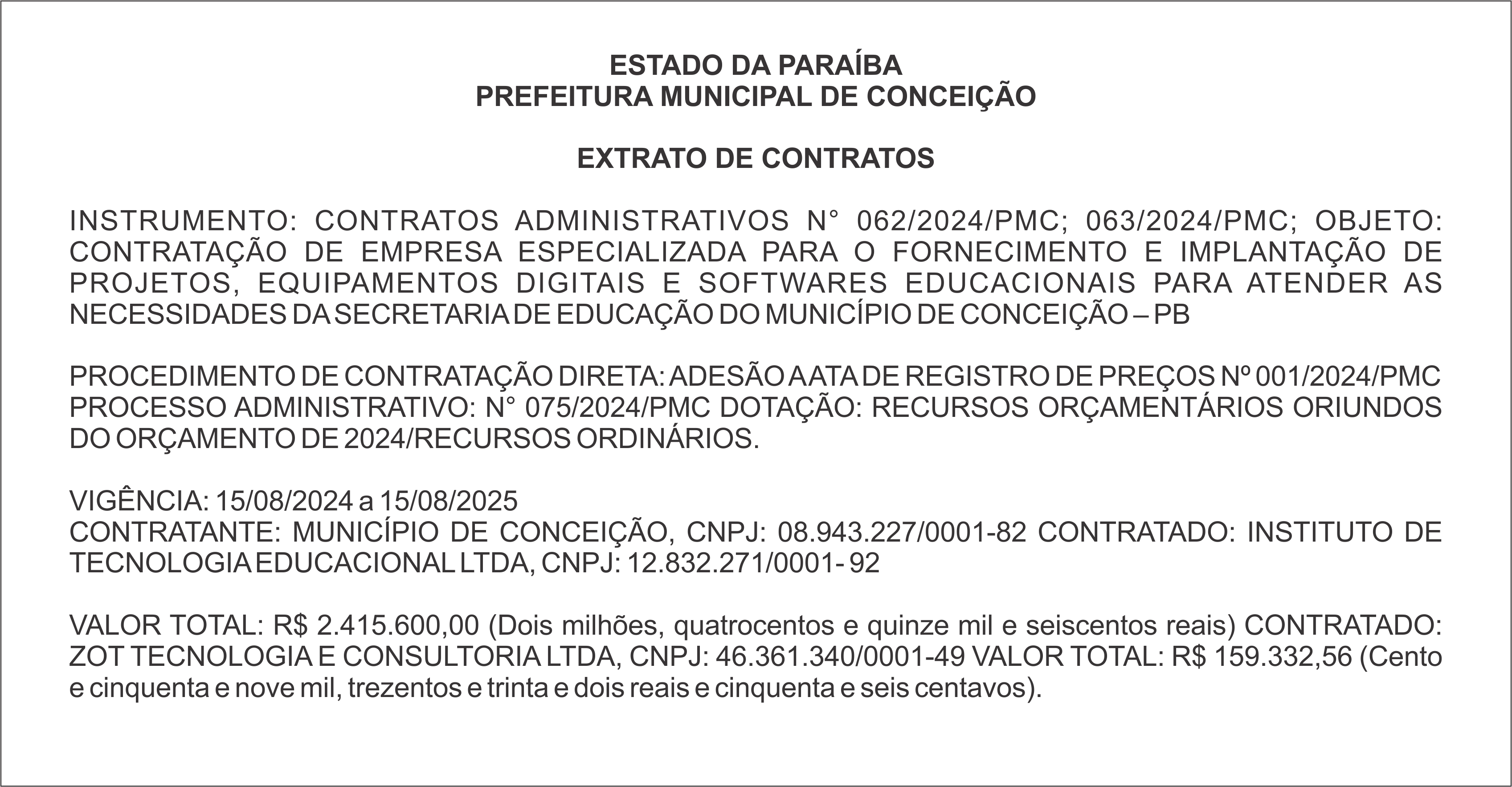 PREFEITURA DE CONCEIÇÃO – EXTRATO DE CONTRATOS