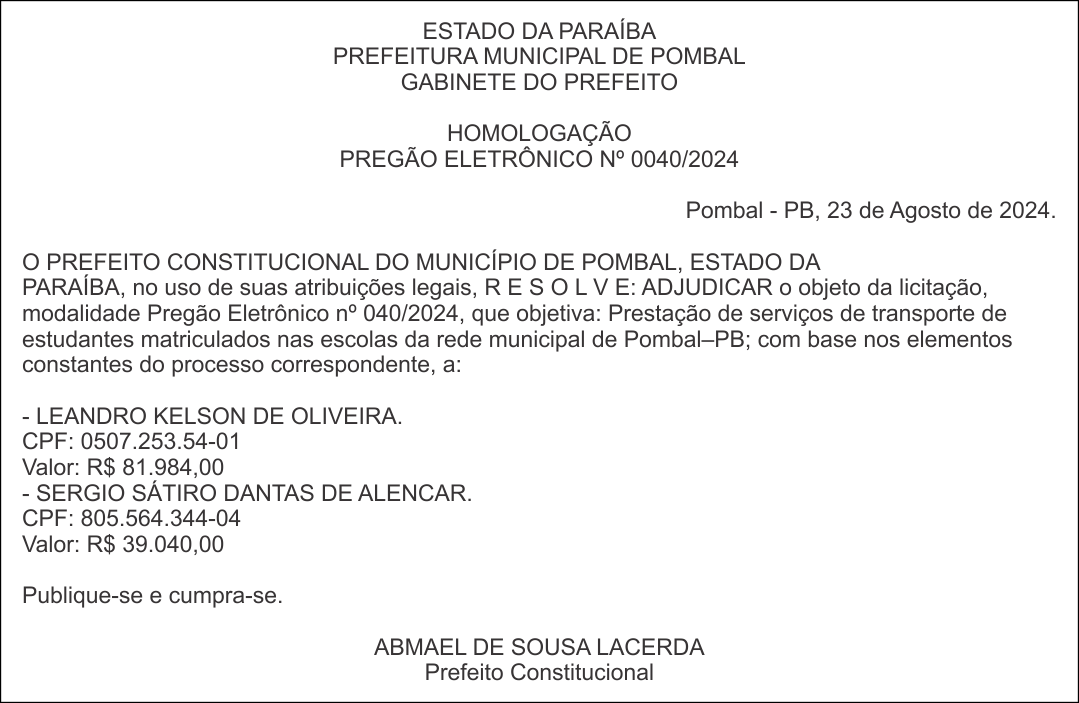 PREFEITURA MUNICIPAL DE POMBAL – HOMOLOGAÇÃO – PREGÃO ELETRÔNICO Nº 0040/2024