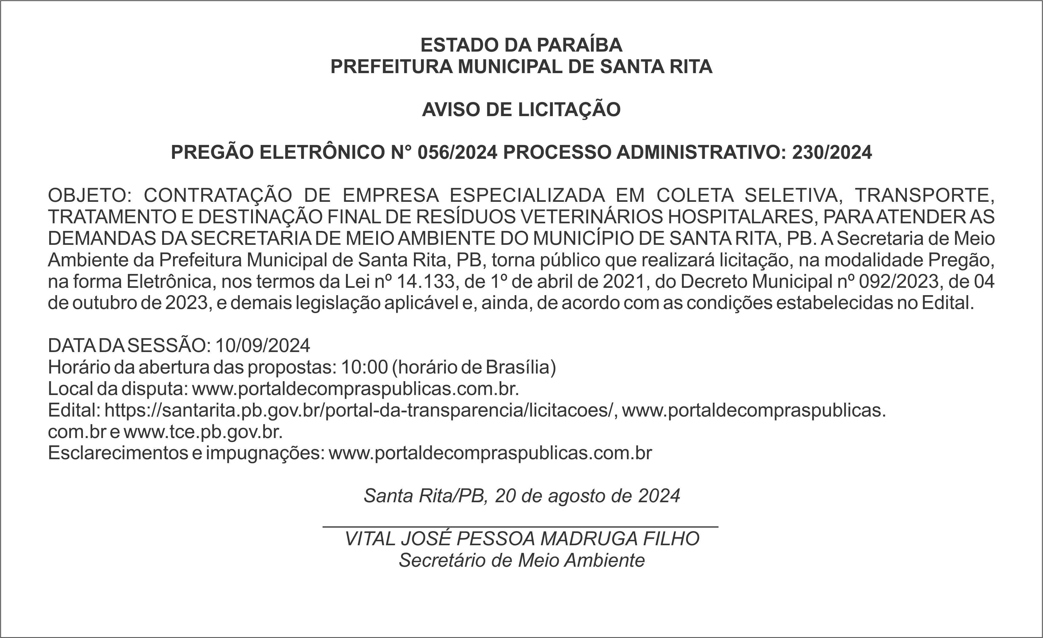 PREFEITURA MUNICIPAL DE SANTA RITA – AVISO DE LICITAÇÃO – PREGÃO ELETRÔNICO N° 056/2024