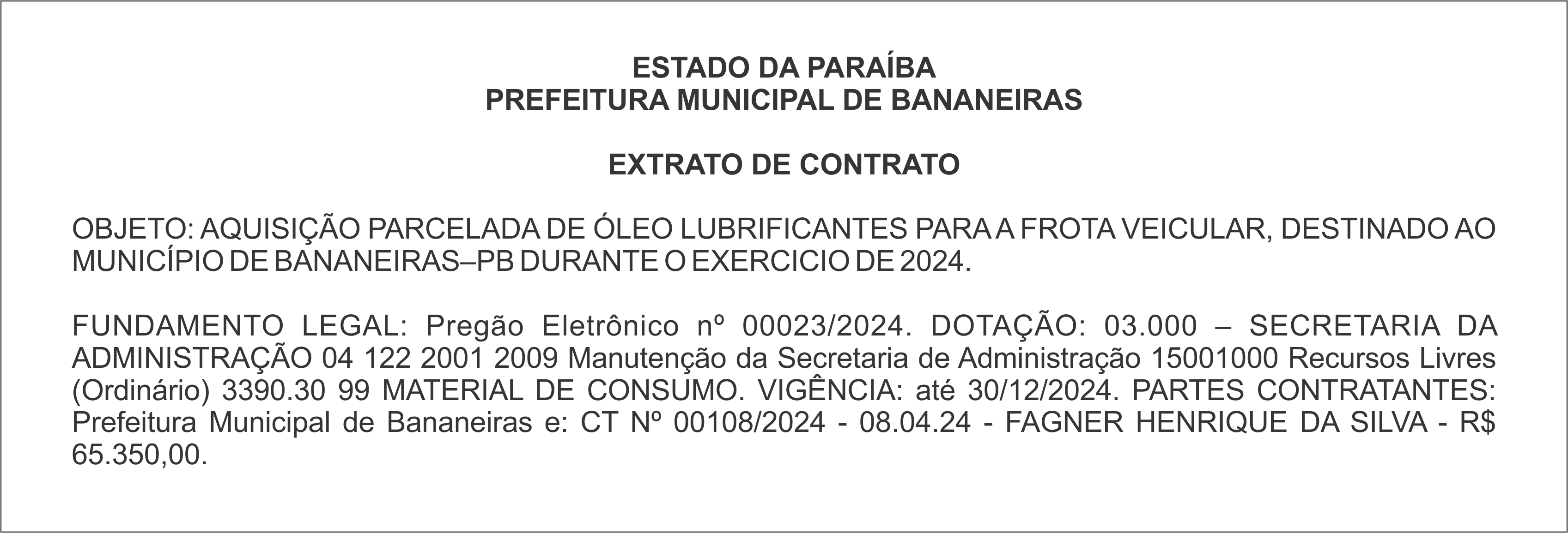 PREFEITURA MUNICIPAL DE BANANEIRAS – EXTRATO DE CONTRATO