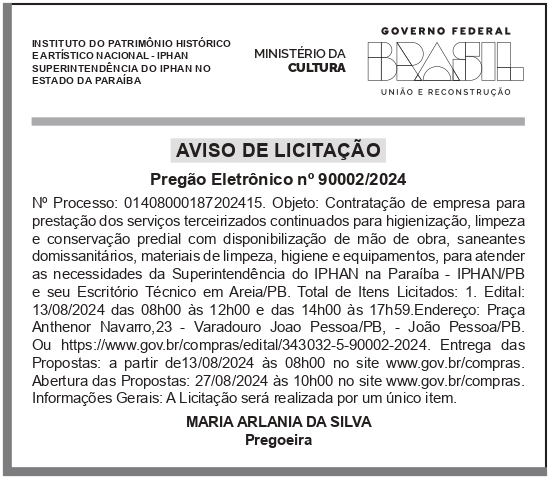 IPHAN – DF – BRASILIA – Aviso de Licitação – Pregão Eletrônico Nº 90002/2024 PB