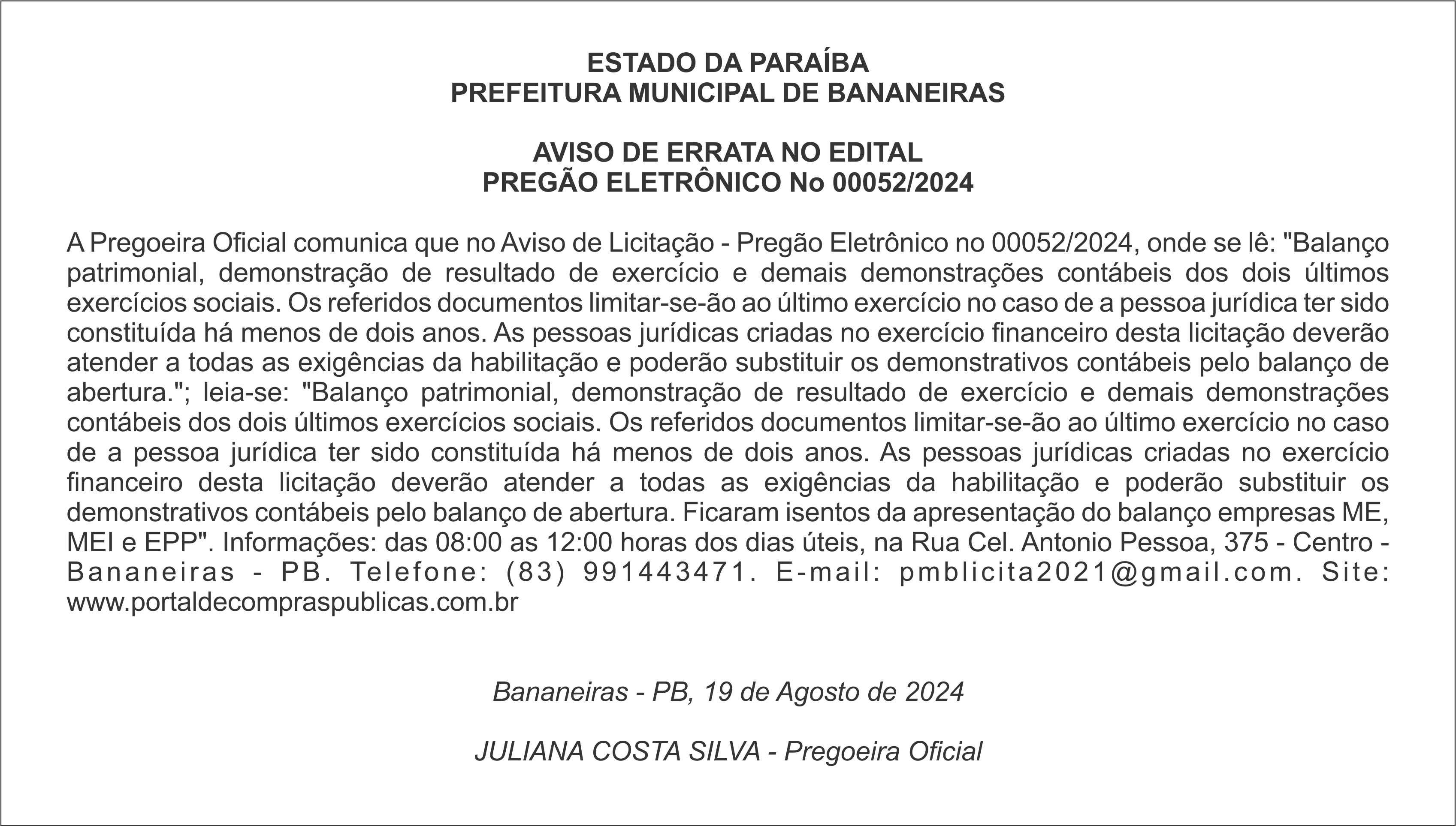 PREFEITURA MUNICIPAL DE BANANEIRAS – AVISO DE ERRATA NO EDITAL – PREGÃO ELETRÔNICO Nº 00052/2024
