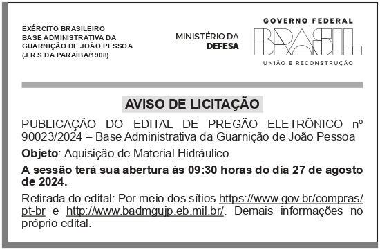 BASE ADMINISTRATIVA DA GUARNIÇÃO DE JOÃO PESSOA – JOÃO PESSOA – PB – AVISO DE LICITAÇÃO – PREGÃO ELETRÔNICO Nº 90023/2024