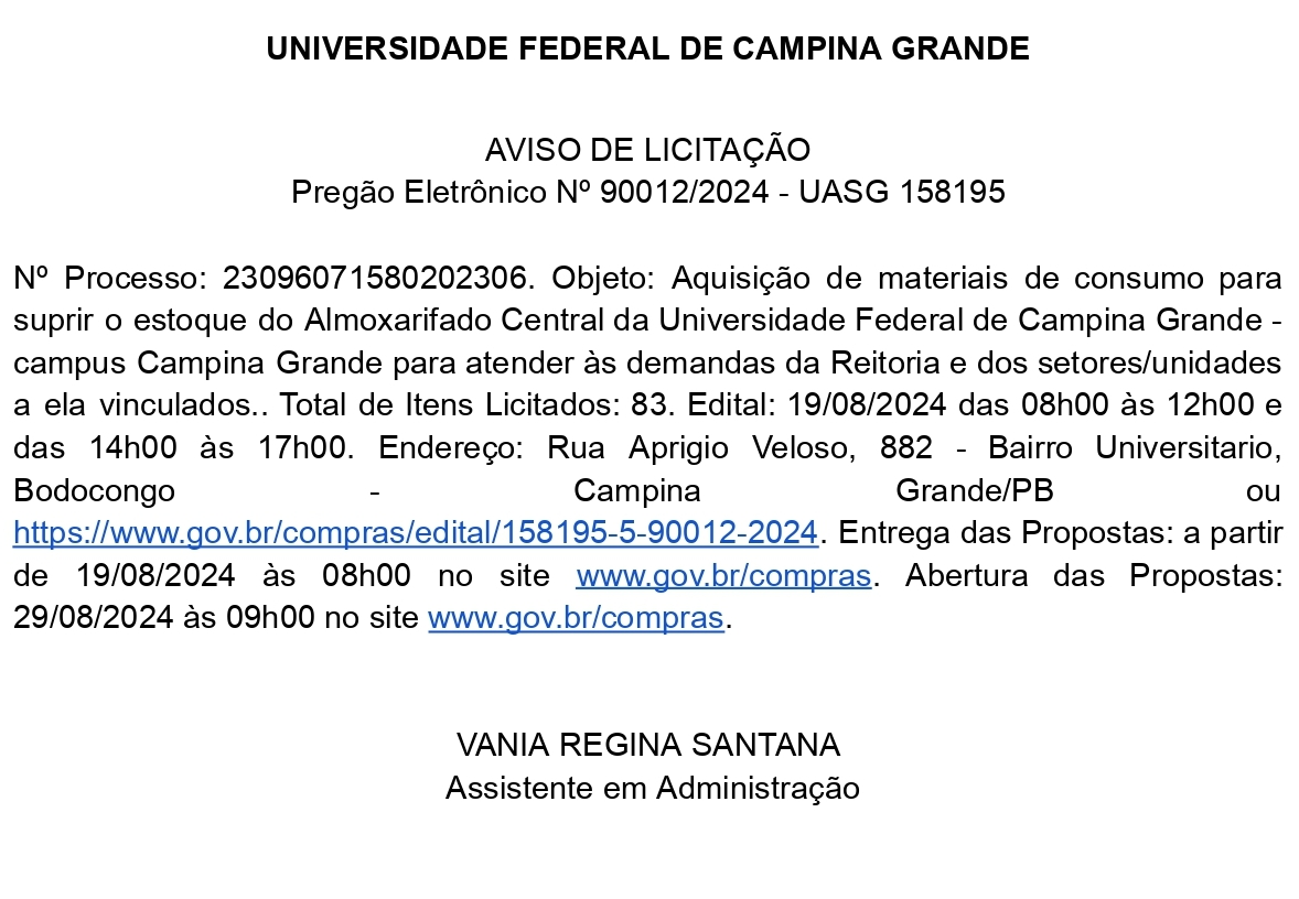 UNIVERSIDADE FEDERAL DE CAMPINA GRANDE – AVISO DE LICITAÇÃO – Pregão Eletrônico Nº 90012/2024 – UASG 158195