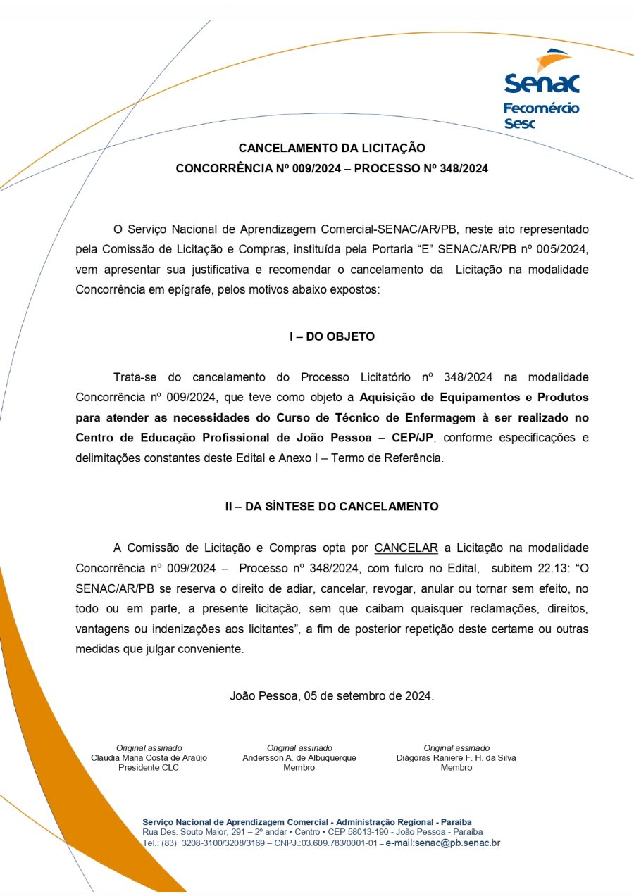 SENAC – CANCELAMENTO DA LICITAÇÃO – CONCORRÊNCIA Nº 009/2024
