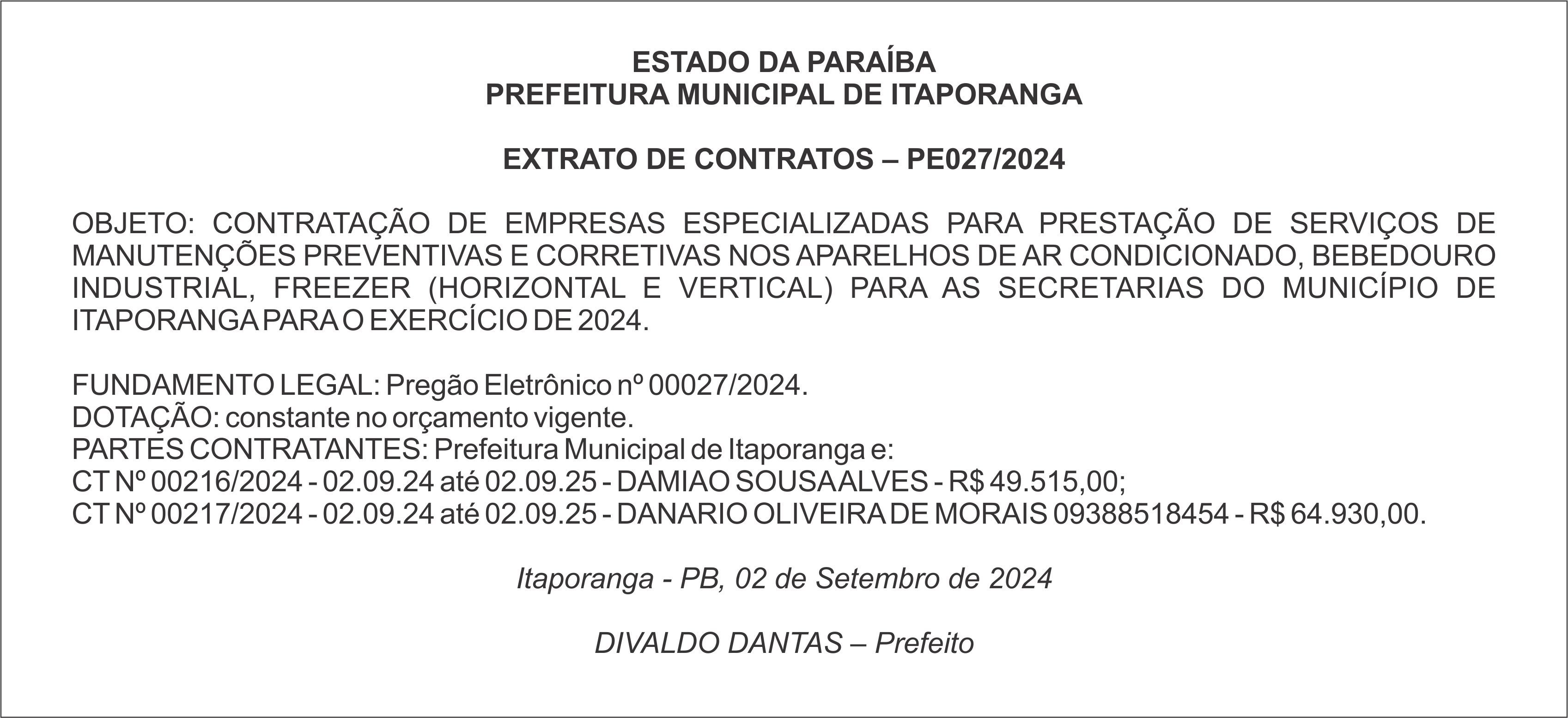 PREFEITURA MUNICIPAL DE ITAPORANGA – EXTRATO DE CONTRATOS – PE027/2024