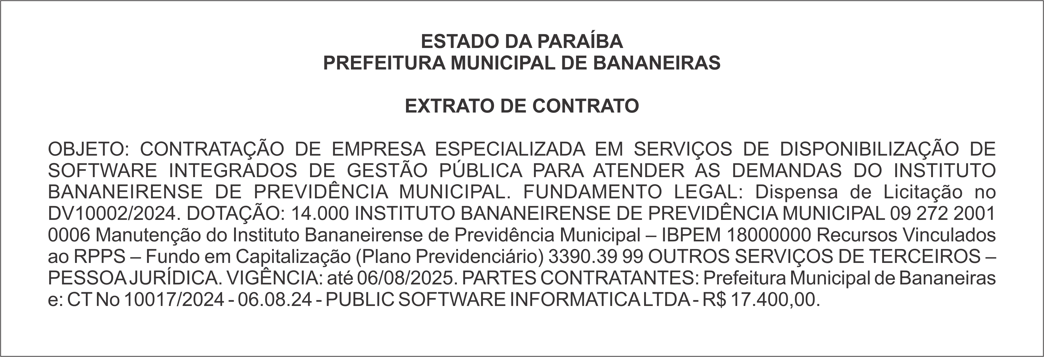 PREFEITURA MUNICIPAL DE BANANEIRAS – EXTRATO DE CONTRATO