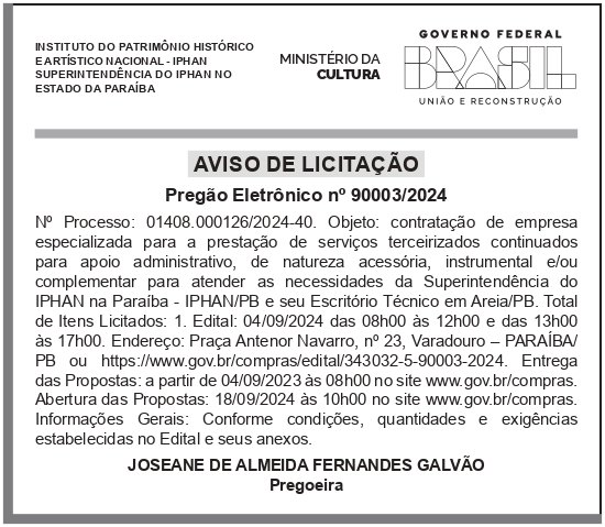 IPHAN – DF – BRASíLIA – Aviso de Licitação – Pregão no 90003-2024 PB