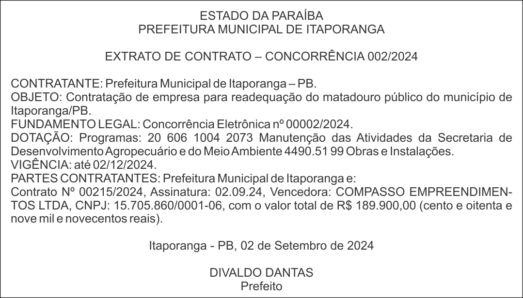PREFEITURA MUNICIPAL DE ITAPORANGA – EXTRATO DE CONTRATO – CONCORRÊNCIA 002/2024