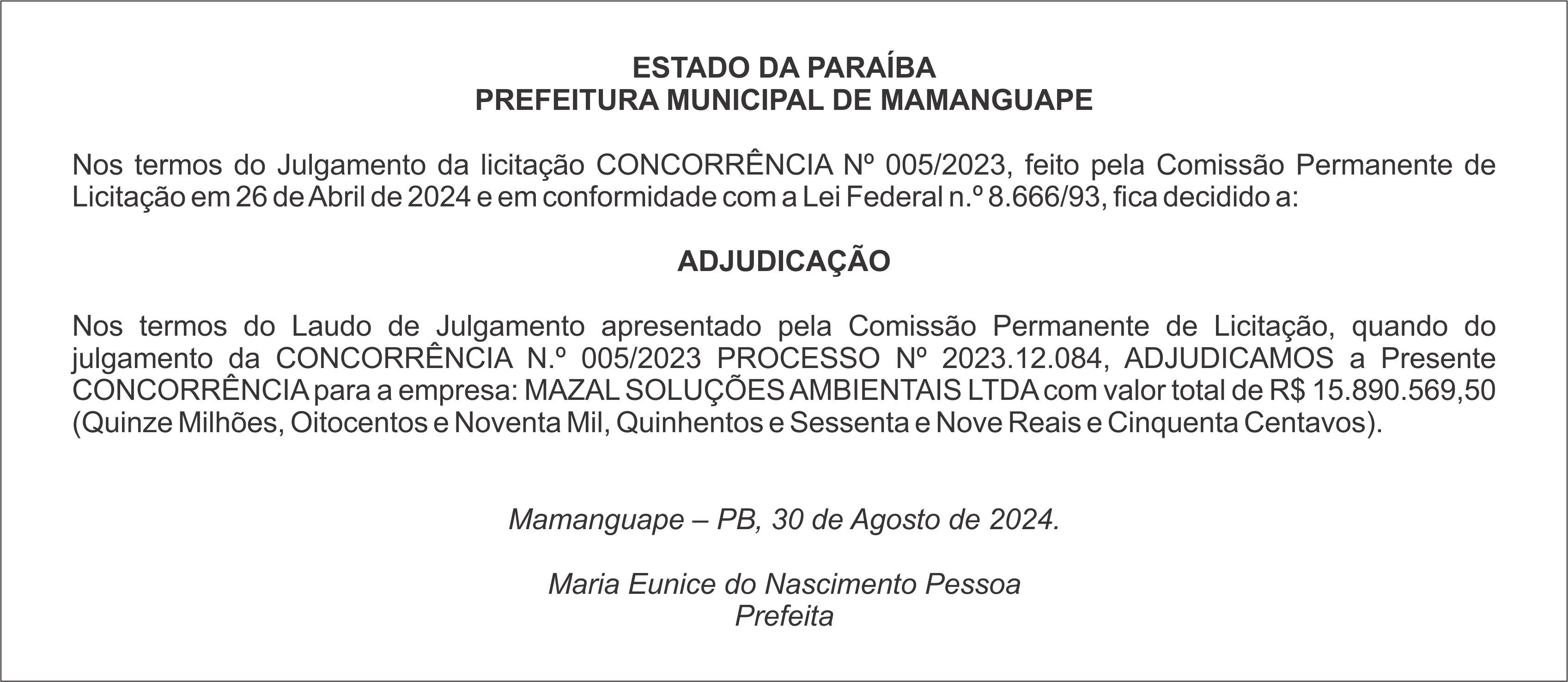 PREFEITURA MUNICIPAL DE MAMANGUAPE  – ADJUDICAÇÃO – CONCORRÊNCIA Nº 005/2023