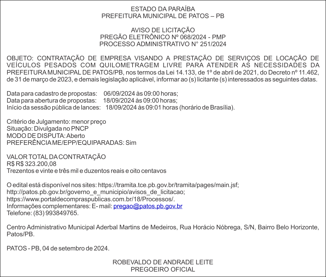 PREFEITURA MUNICIPAL DE PATOS – PB – AVISO DE LICITAÇÃO – PREGÃO ELETRÔNICO Nº 068/2024