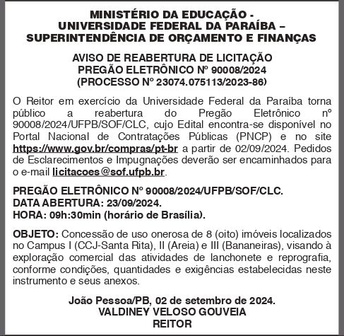 UNIVERSIDADE FEDERAL DA PARAÍBA – AVISO DE REABERTURA DE LICITAÇÃO – PREGÃO ELETRÔNICO Nº 90008/2024