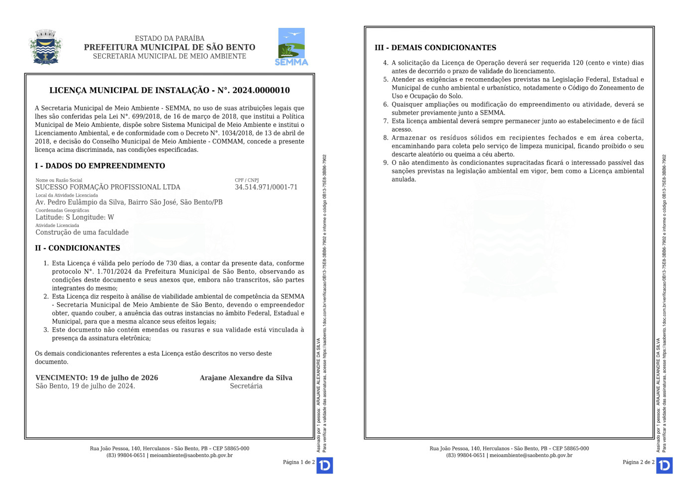 SUCESSO FORMAÇÃO PROFISSIONAL – LICENÇA DE INSTALAÇÃO