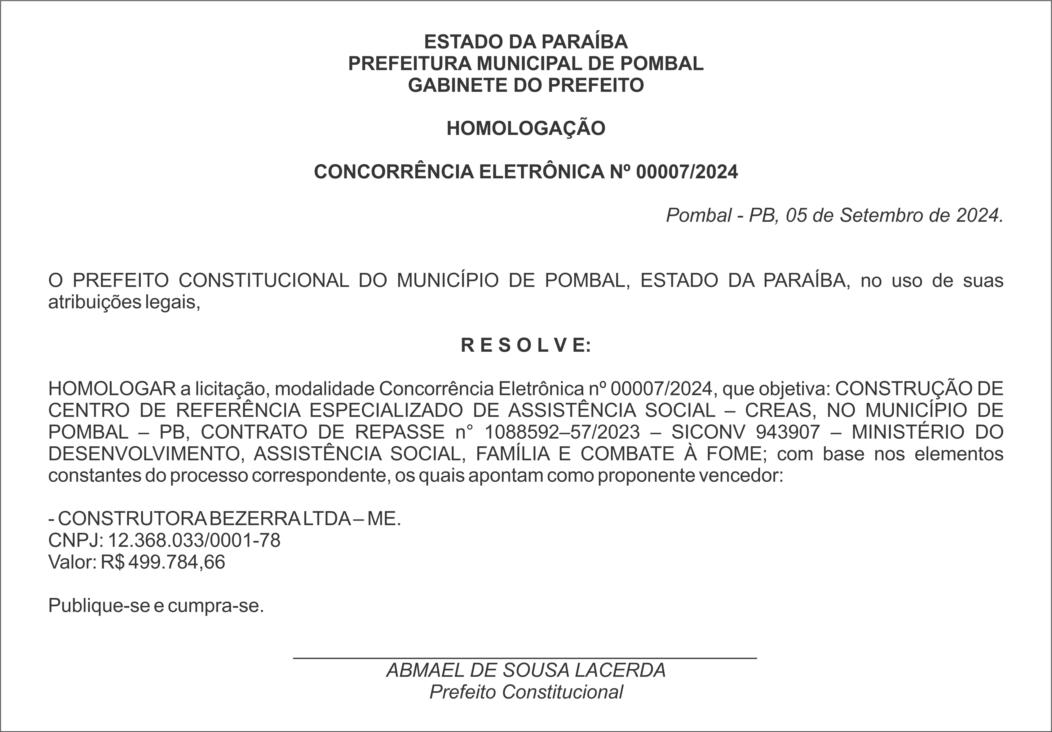 PREFEITURA MUNICIPAL DE POMBAL – HOMOLOGAÇÃO – CONCORRÊNCIA ELETRÔNICA Nº 00007/2024
