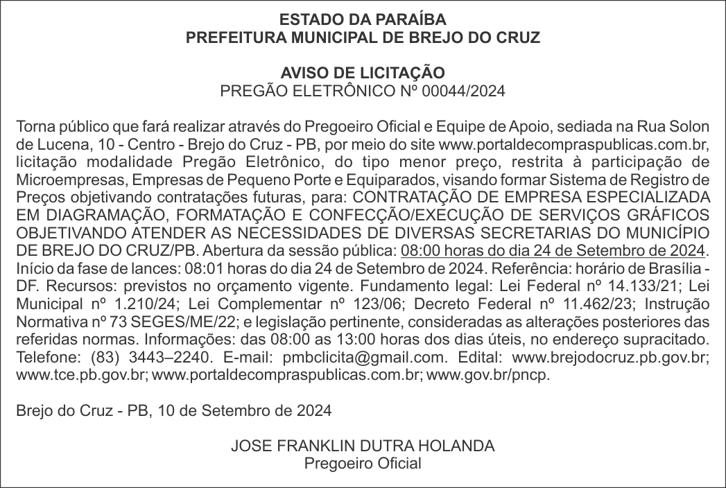 PREFEITURA MUNICIPAL DE BREJO DO CRUZ – AVISO DE LICITAÇÃO – PREGÃO ELETRÔNICO Nº 00044/2024