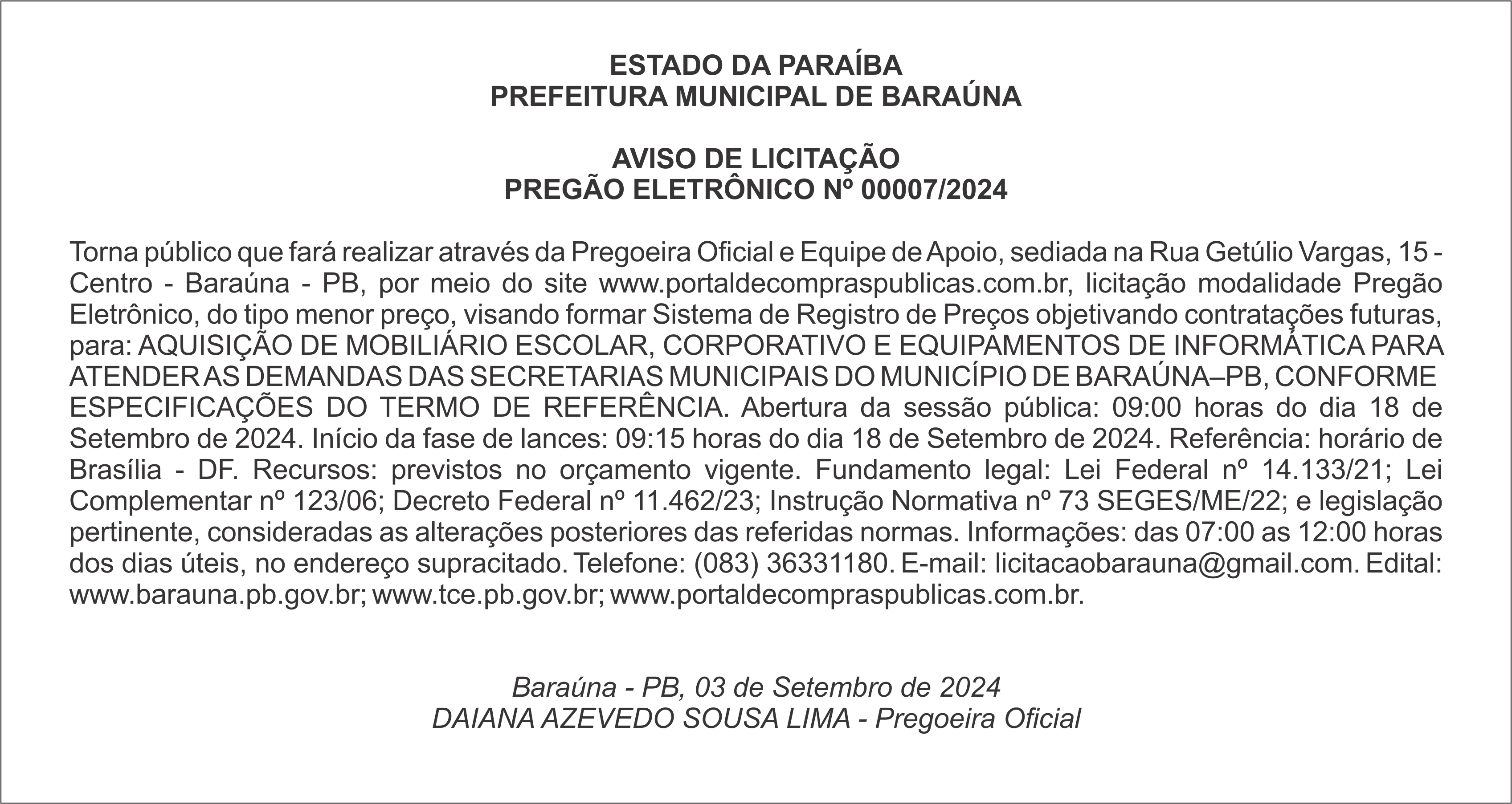 PREFEITURA MUNICIPAL DE BARAÚNA – AVISO DE LICITAÇÃO – PREGÃO ELETRÔNICO Nº 00007/2024