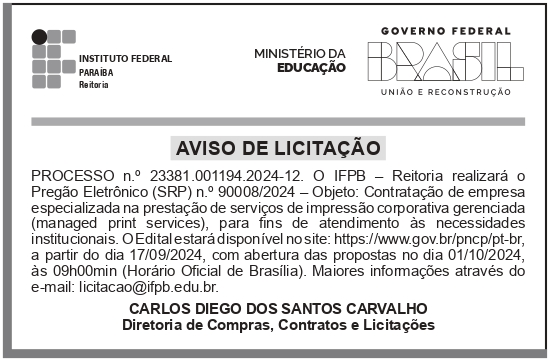 IFPB – PB – JOÃO PESSOA – REITORIA – EDITAL – PREGÃO ELETRÔNICO (SRP) n.o 90008/2024 – REITORIA (REPUBLICAÇÃO)