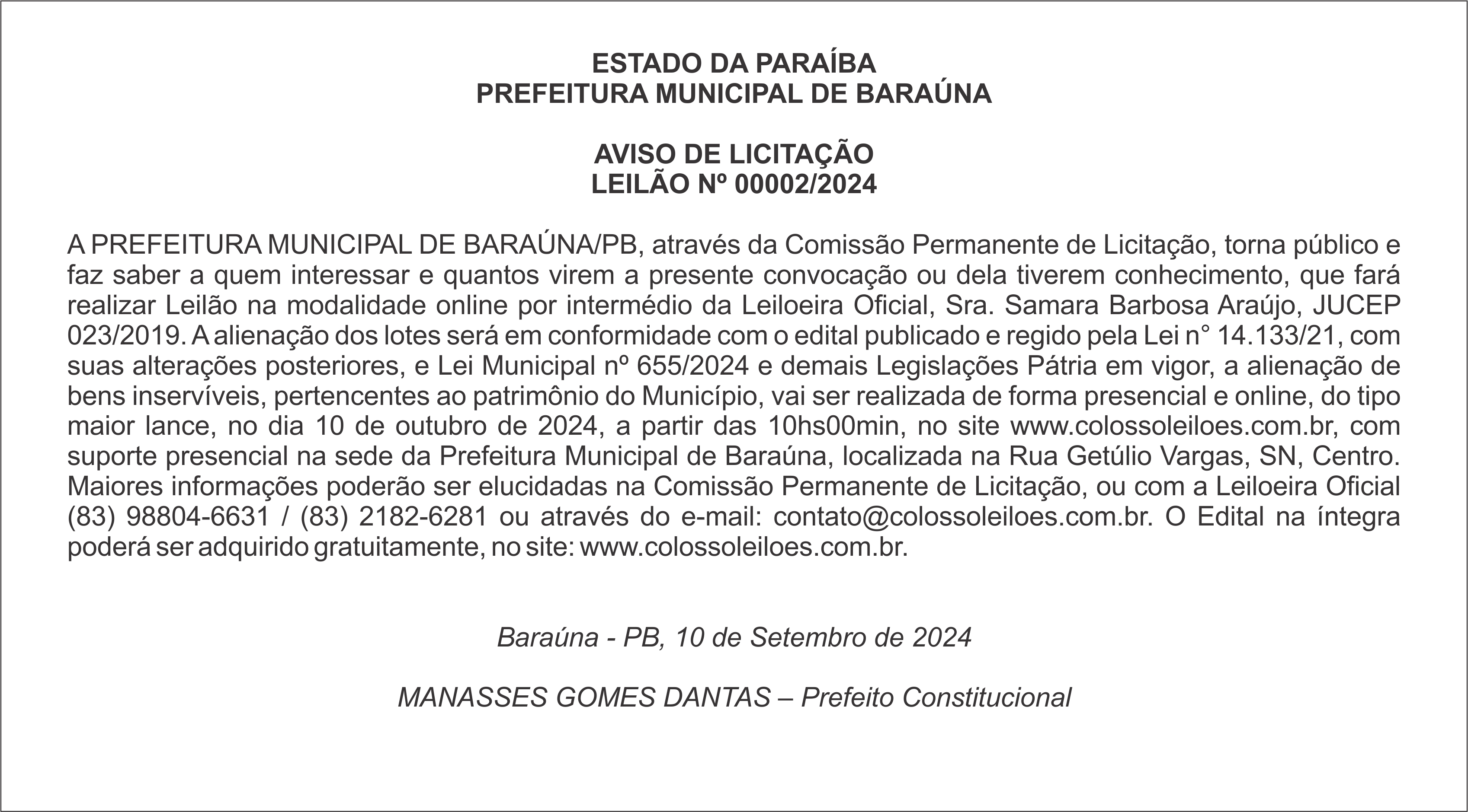 PREFEITURA MUNICIPAL DE BARAÚNA – AVISO DE LICITAÇÃO – LEILÃO Nº 00002/2024