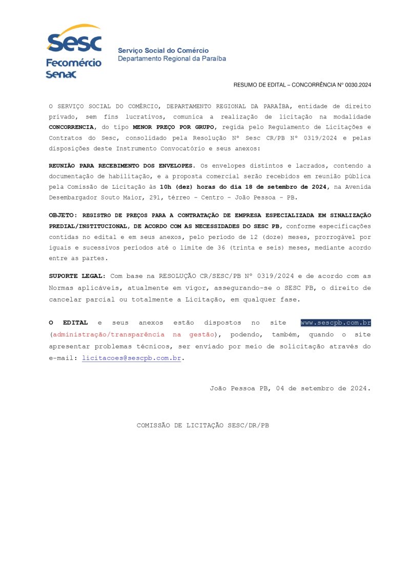 SESC – RESUMO DE EDITAL – CONCORRÊNCIA