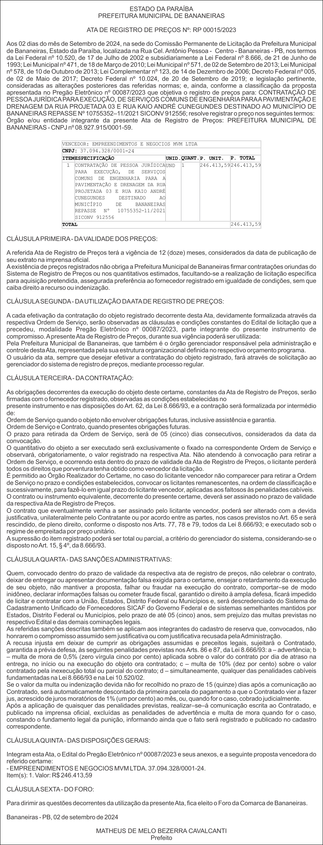 PREFEITURA MUNICIPAL DE BANANEIRAS – ATA DE REGISTRO DE PREÇOS No: RP 00015/2023