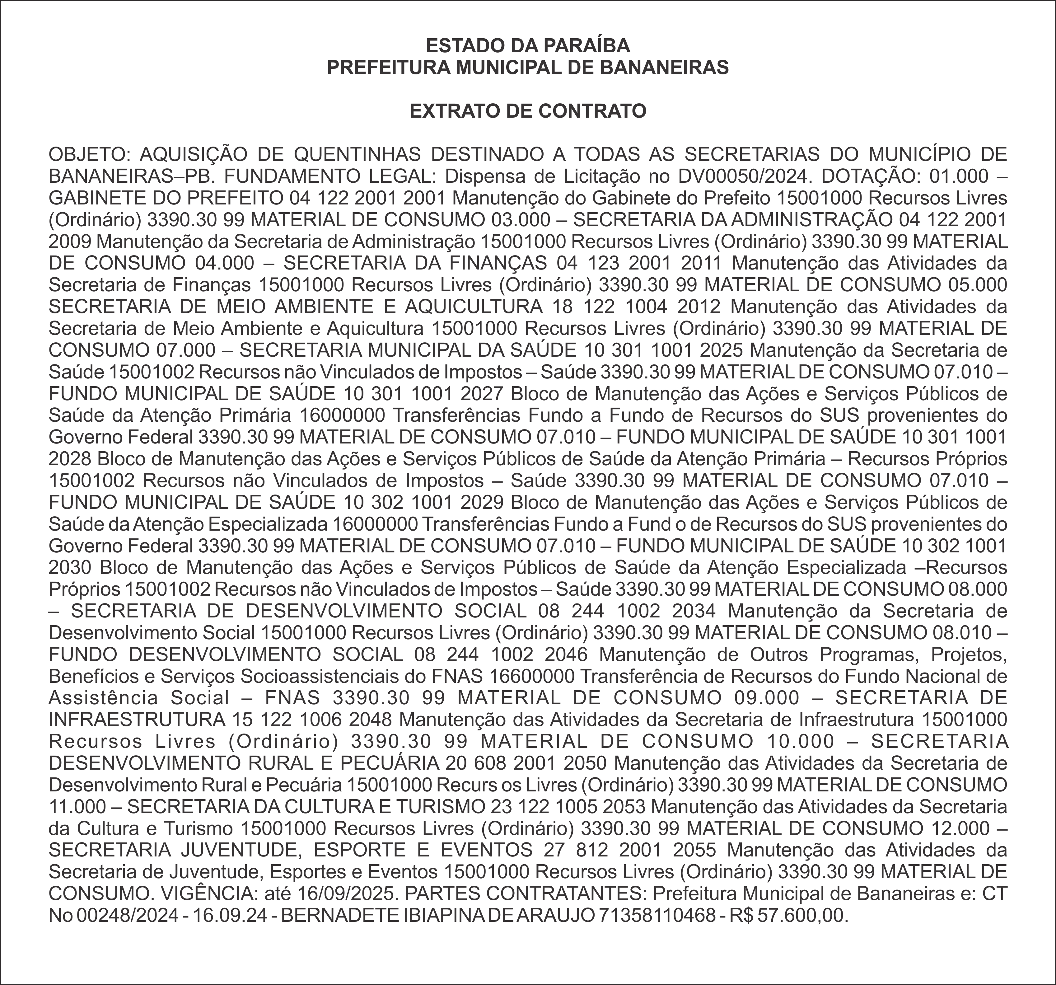 PREFEITURA MUNICIPAL DE BANANEIRAS – EXTRATO DE CONTRATO