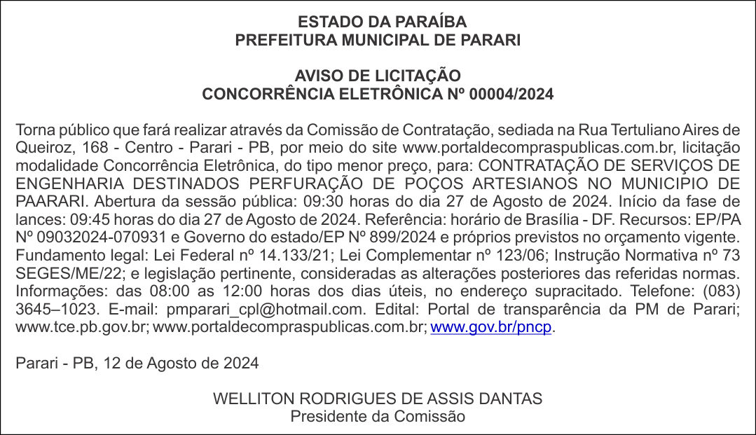PREFEITURA MUNICIPAL DE PARARI – AVISO DE LICITAÇÃO – CONCORRÊNCIA ELETRÔNICA Nº 00004/2024