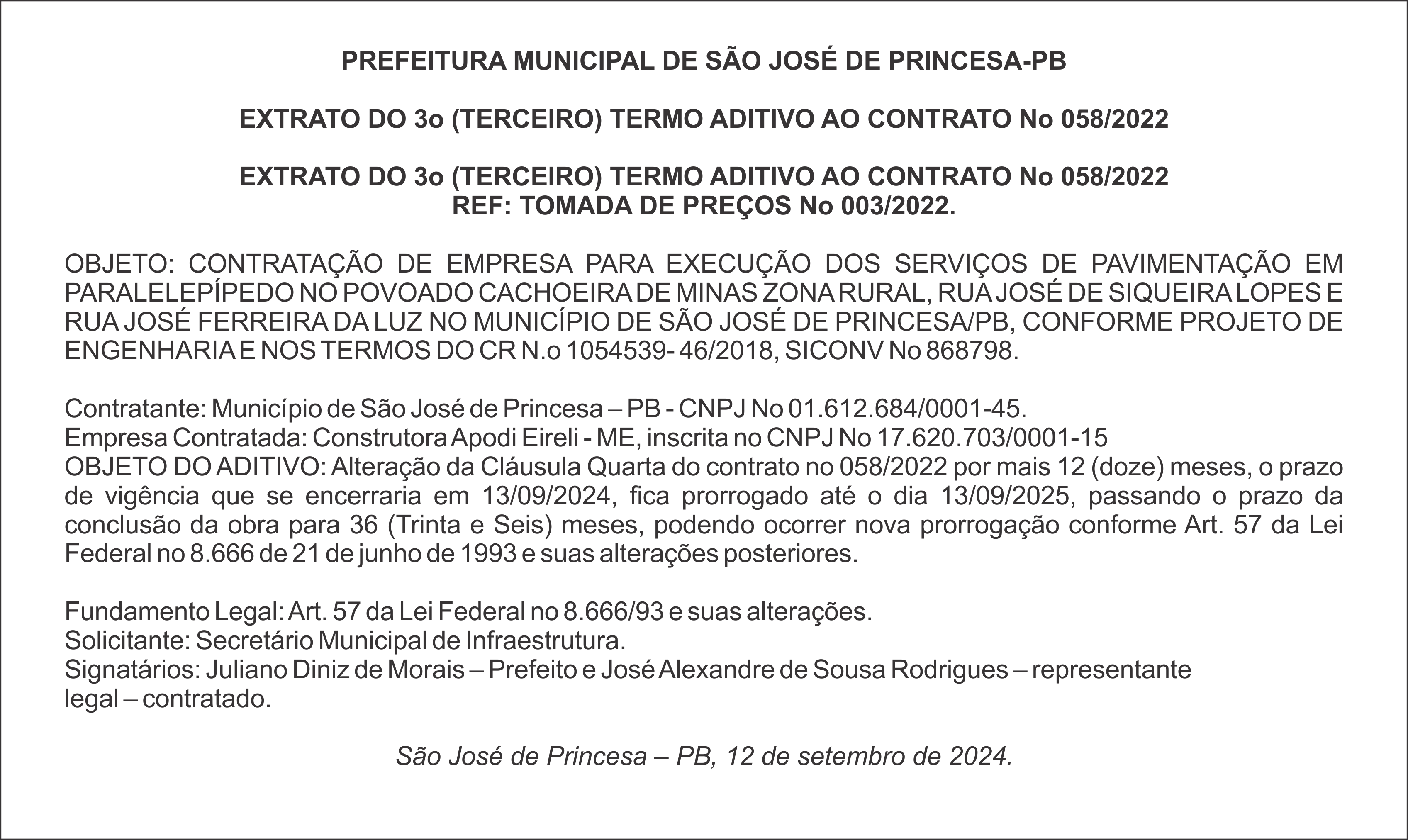 PREFEITURA MUNICIPAL DE SÃO JOSÉ DE PRINCESA-PB – EXTRATO DO 3º (TERCEIRO) TERMO ADITIVO AO CONTRATO Nº 058/2022