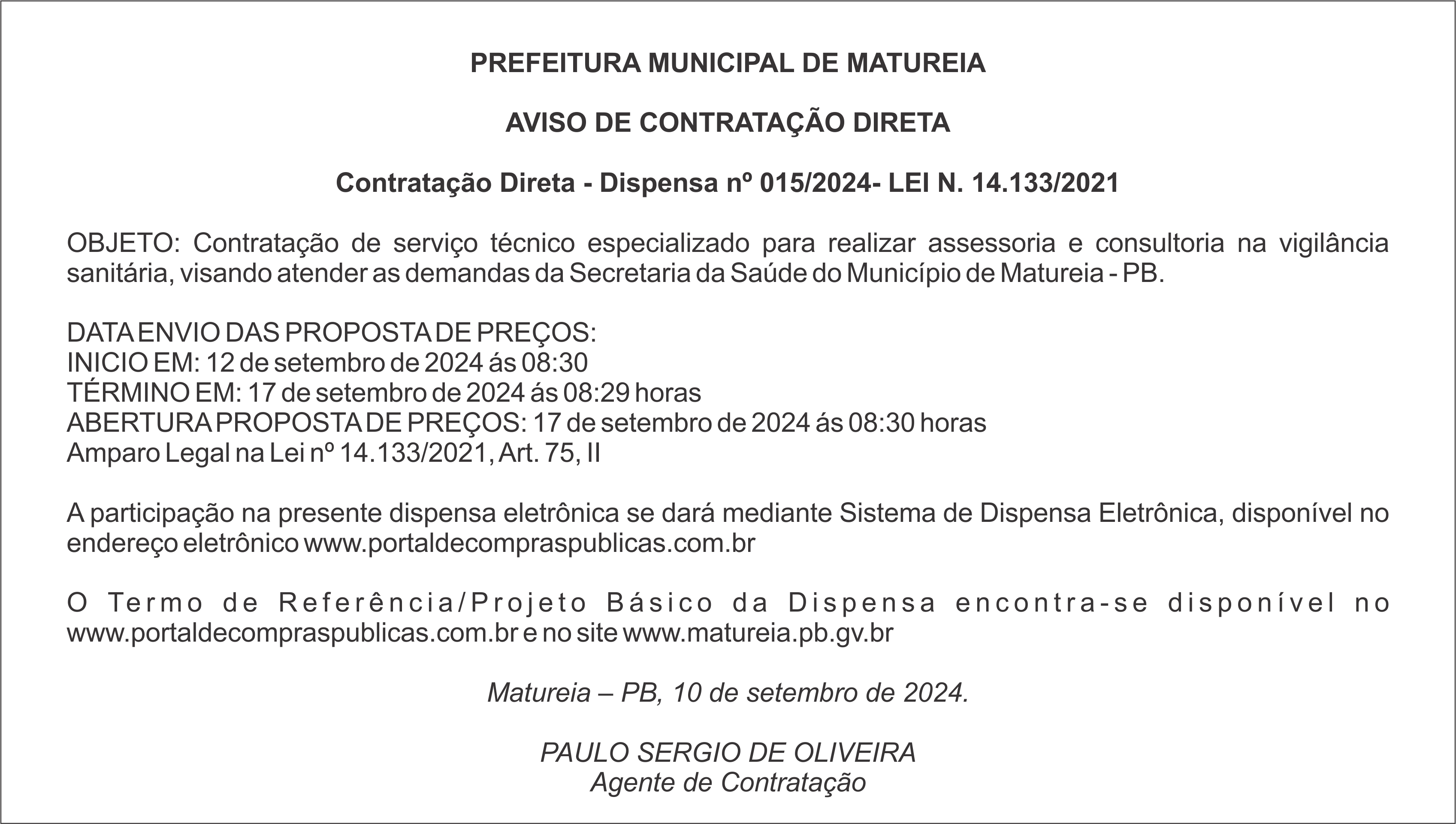 PREFEITURA MUNICIPAL DE MATUREIA – AVISO DE CONTRATAÇÃO DIRETA – Dispensa nº 015/2024