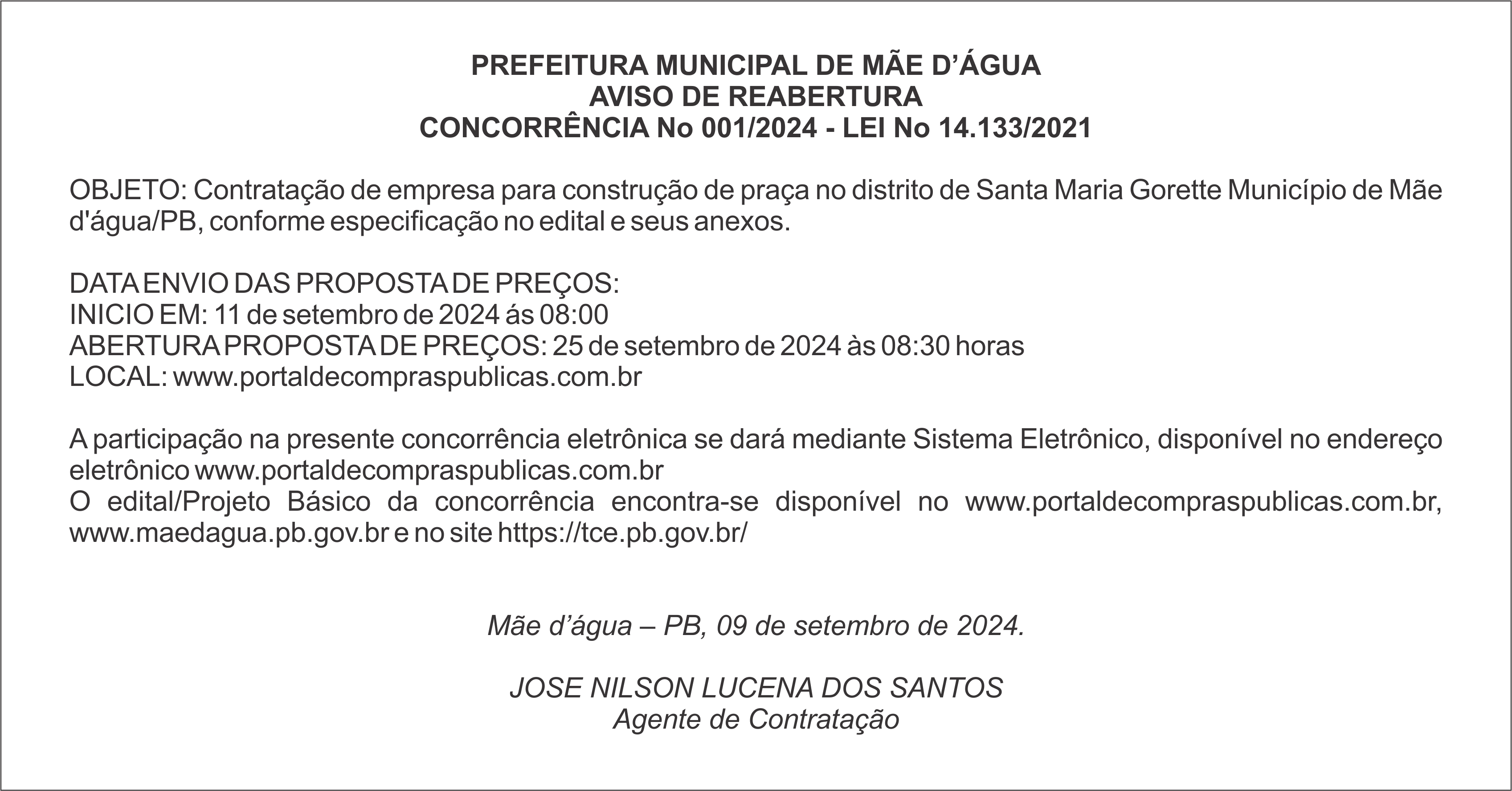 PREFEITURA MUNICIPAL DE MÃE D’ÁGUA – AVISO DE REABERTURA – CONCORRÊNCIA Nº 001/2024