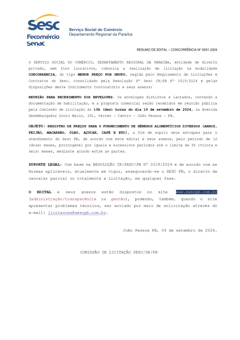 SESC – RESUMO DE EDITAL – CONCORRÊNCIA