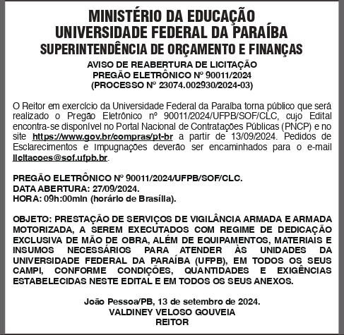 UNIVERSIDADE FEDERAL DA PARAÍBA – PREGÃO ELETRÔNICO No 90011/2024