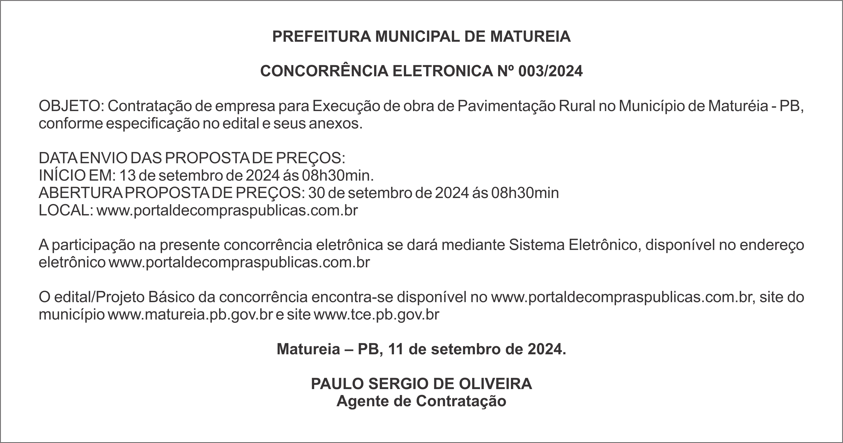 PREFEITURA MUNICIPAL DE MATUREIA – CONCORRÊNCIA ELETRONICA Nº 003/2024