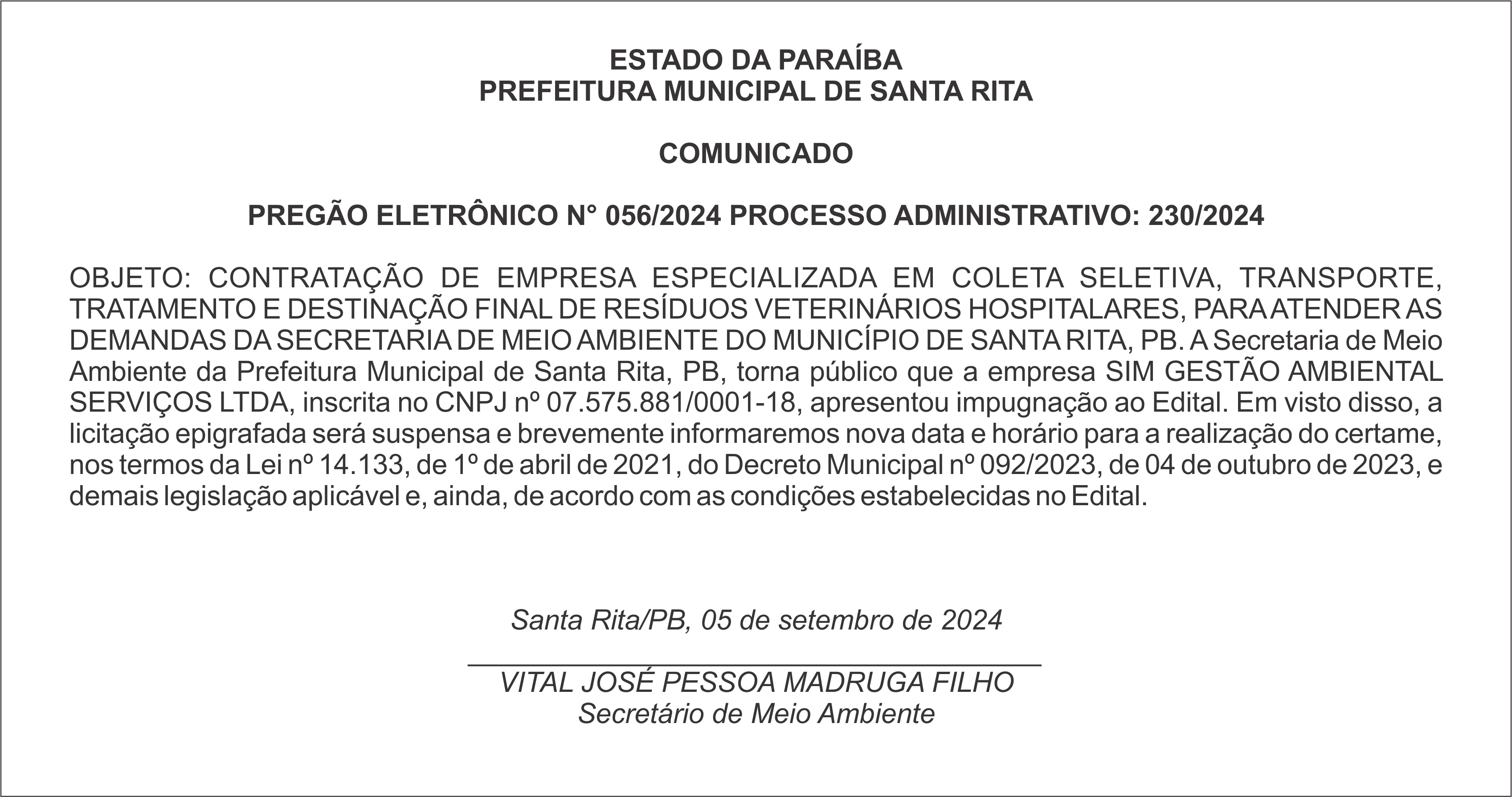 PREFEITURA MUNICIPAL DE SANTA RITA – COMUNICADO – PREGÃO ELETRÔNICO N° 056/2024