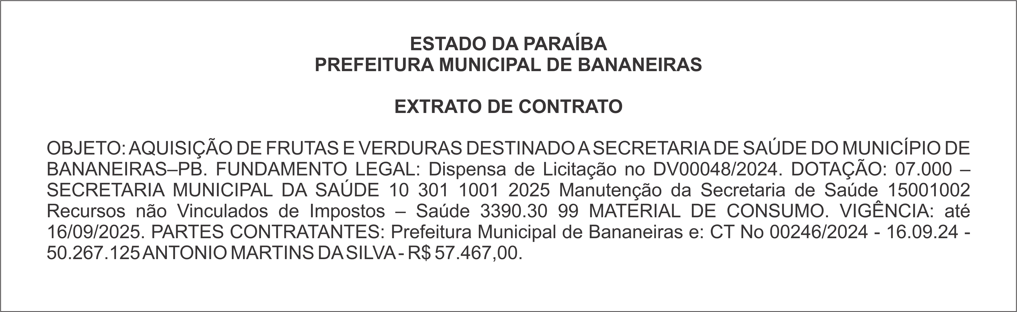 PREFEITURA MUNICIPAL DE BANANEIRAS – EXTRATO DE CONTRATO