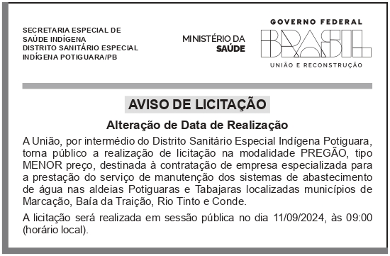 DSEI – PB – POTIGUARA – AVISO DE LICITAÇÃO – PREGÃO ELETRÔNICO No 90004/2024