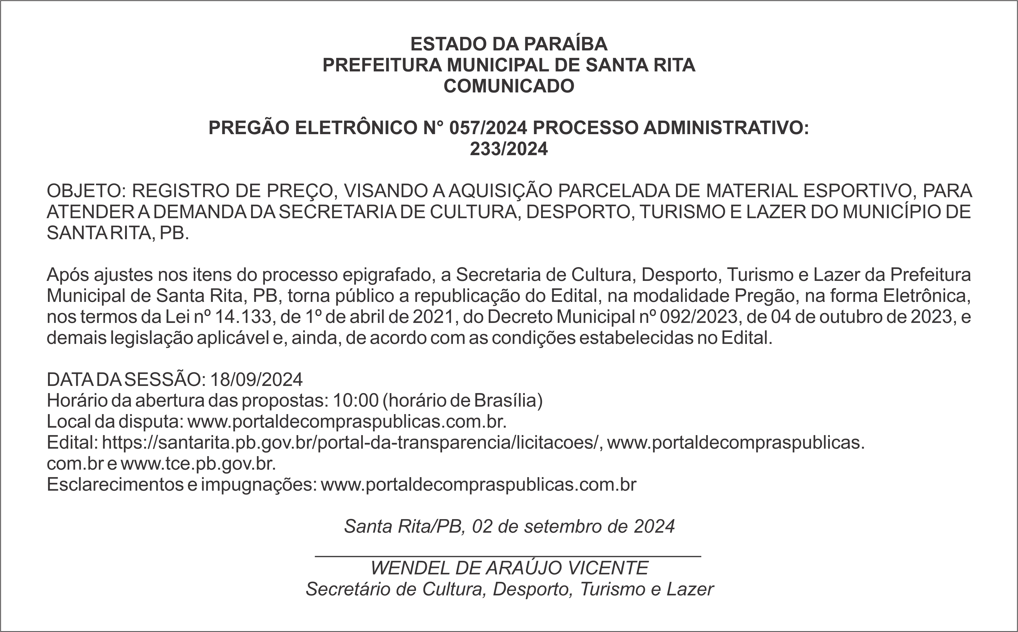 PREFEITURA MUNICIPAL DE SANTA RITA – COMUNICADO – PREGÃO ELETRÔNICO N° 057/2024