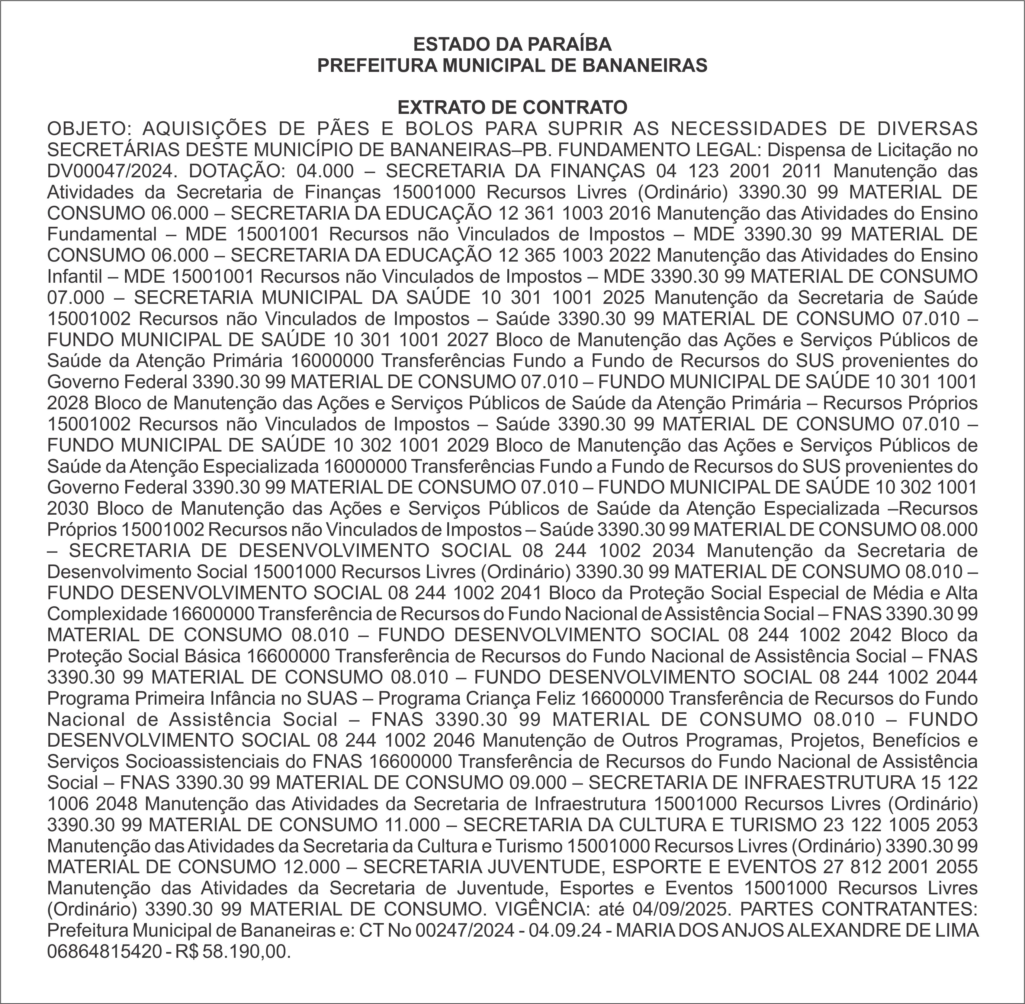 PREFEITURA MUNICIPAL DE BANANEIRAS – EXTRATO DE CONTRATO