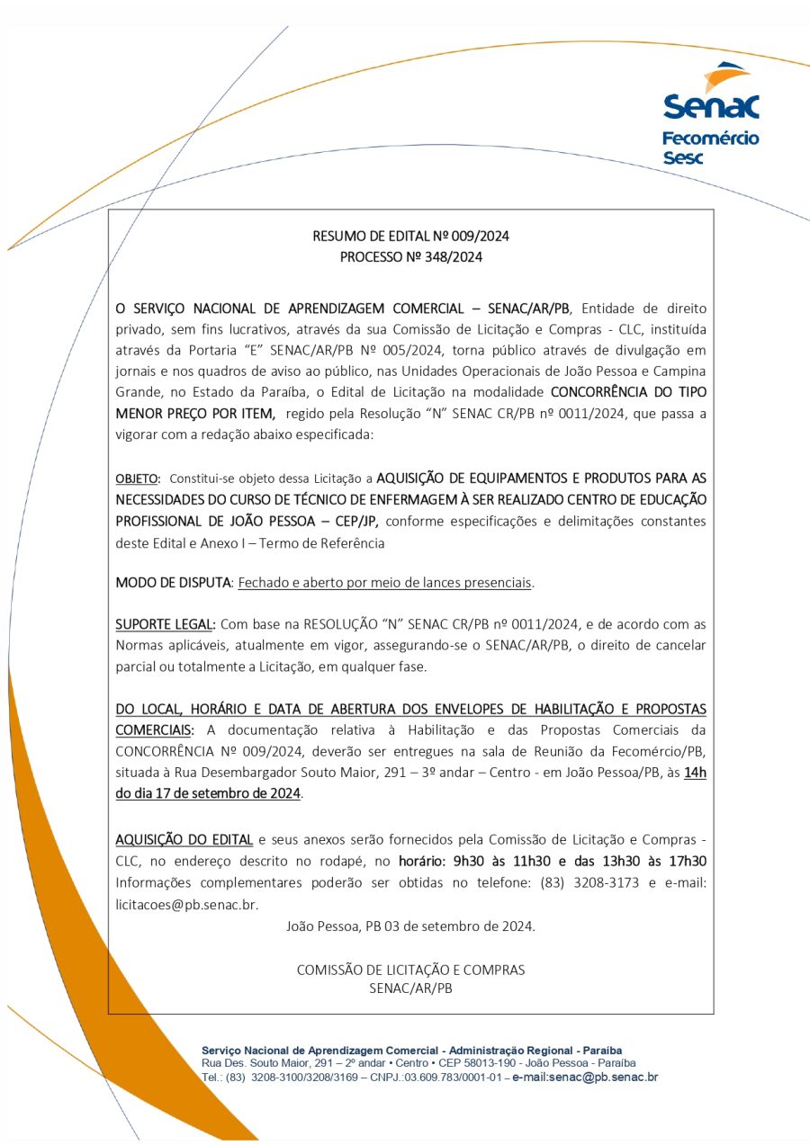 SENAC – RESUMO DE EDITAL Nº 009/2024 – PROCESSO Nº 348/2024
