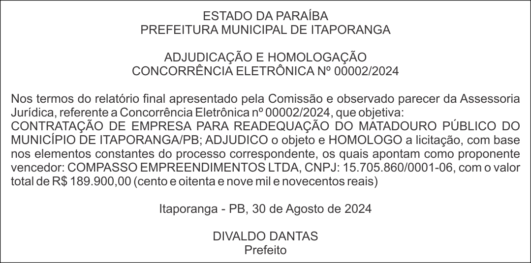 PREFEITURA MUNICIPAL DE ITAPORANGA – ADJUDICAÇÃO E HOMOLOGAÇÃO – CONCORRÊNCIA ELETRÔNICA Nº 00002/2024